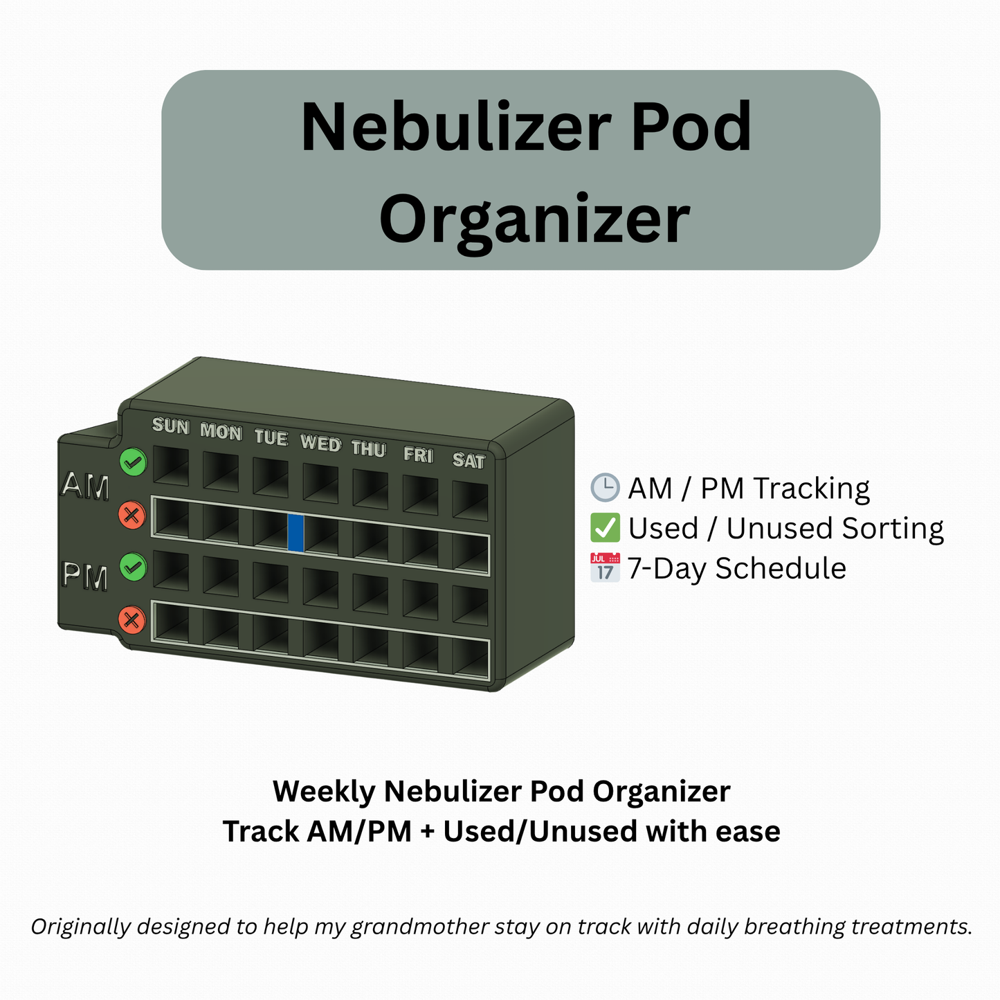 Medical Pod Organizer for Nebulizer – 7-Day AM/PM with Used/Unused Markers